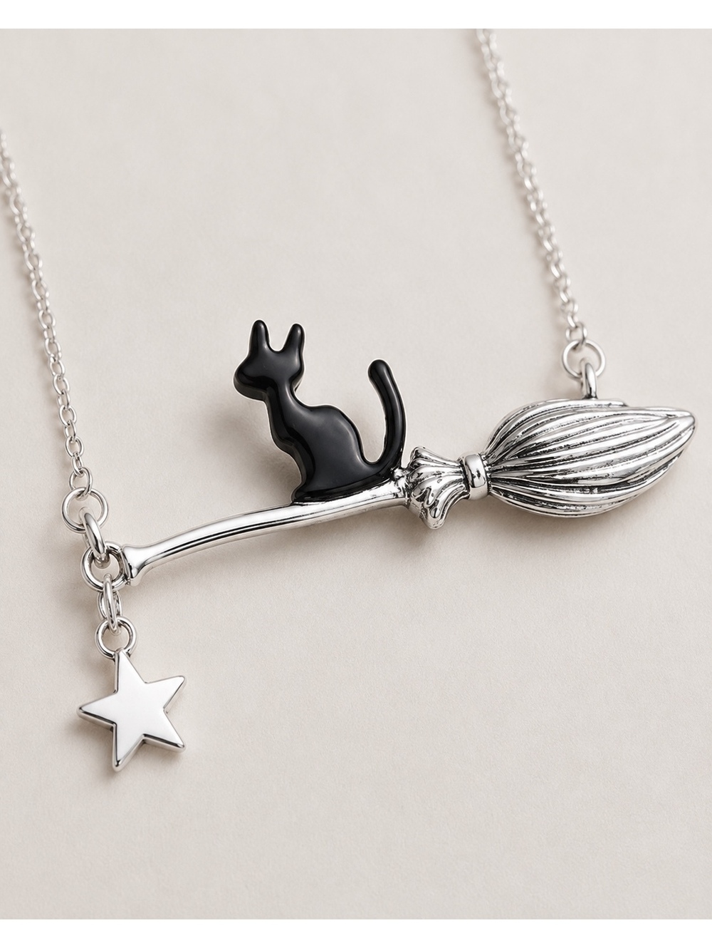 Witchy Black Cat Broom & Star Stainless Steel Necklace - Picture 5 of 8